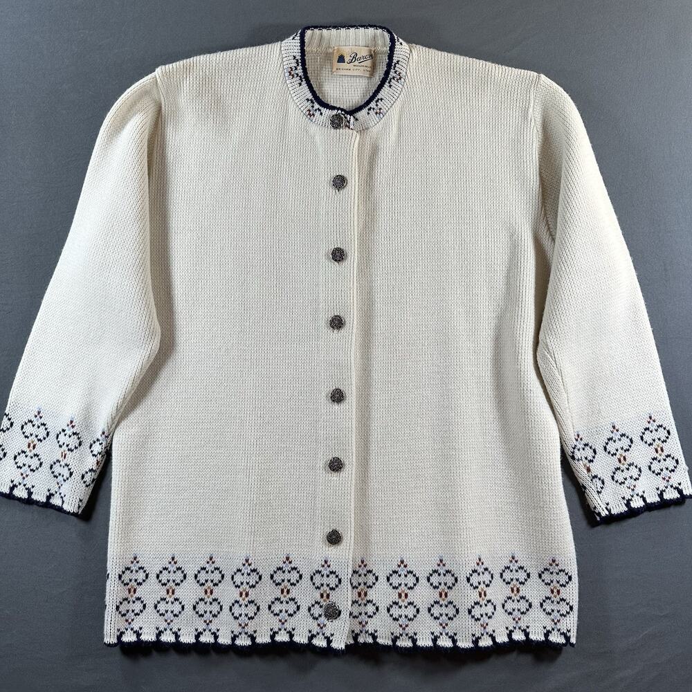 Vintage Baron Ivory Geometric Knit Wool Cardigan Sweater Medal Button Front XL